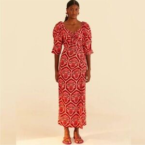 Farm Rio Ceramic Pineapple Linen Maxi Dress Off The Shoulder Puff Sleeve Ruched